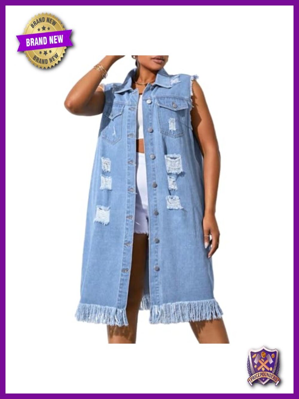 Plus Size Distressed Longline Denim Vest Fringe Hem
